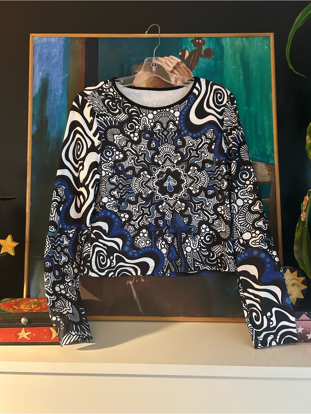 Psychedelic Mushroom Print Mesh Long Sleeve Crop Top XL Y2K Festival Trippy